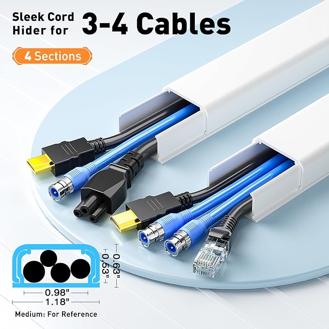 Delamu Cord Covers for 3-4 Wires on Wall, 62.8in Cord Hider Wire Covers for Cords on Wall, Large Cable Hider Cable Cover Management, TV Cords Hiders for Walls Mounted TV, 4X L15.7 W1.18 H0.63in, White