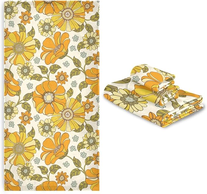 3 Piece Retro 70s Floral Bath Towel Set,Microfiber Decorative Vintage Hippie Orange Groovy Daisy Flower Bathroom Towels,1 Bath Towel 1 Hand Towel for Bathroom Kitchen,1 Washcloth for Face
