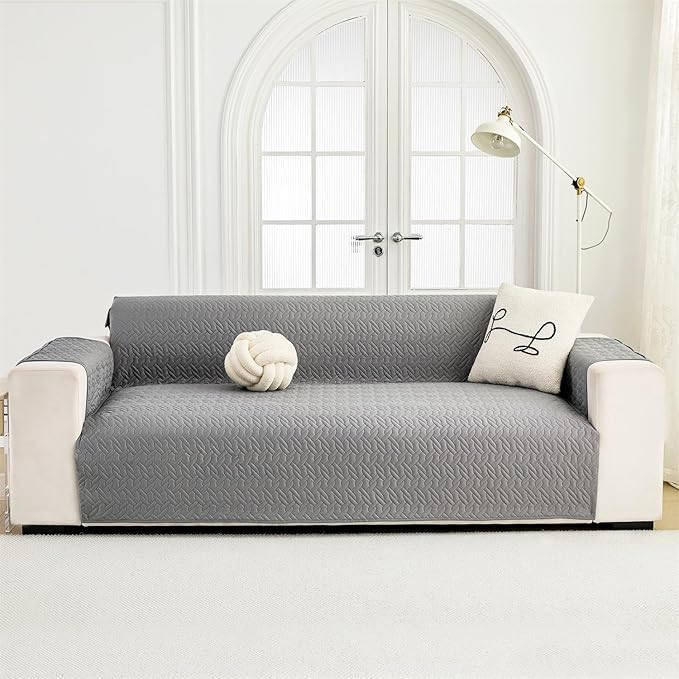 Cmfshape Skidproof Loveseat Cover-Geometrical Couch Slipcover with Elastic Straps-Easy Fit Slip Cover-Washable Furniture Protector for Pets and Kids(Loveseat46,Grey)