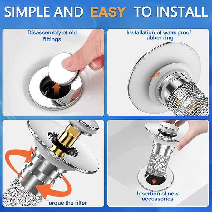 Sink Stopper Hair Catcher, Pop-up Sink Drain Strainer with Removable Stainless Steel Strainer Basket Hair Catcher, Bathroom Sink Strainer for Bathroom Sink Stopper Replacement (2, Silver)