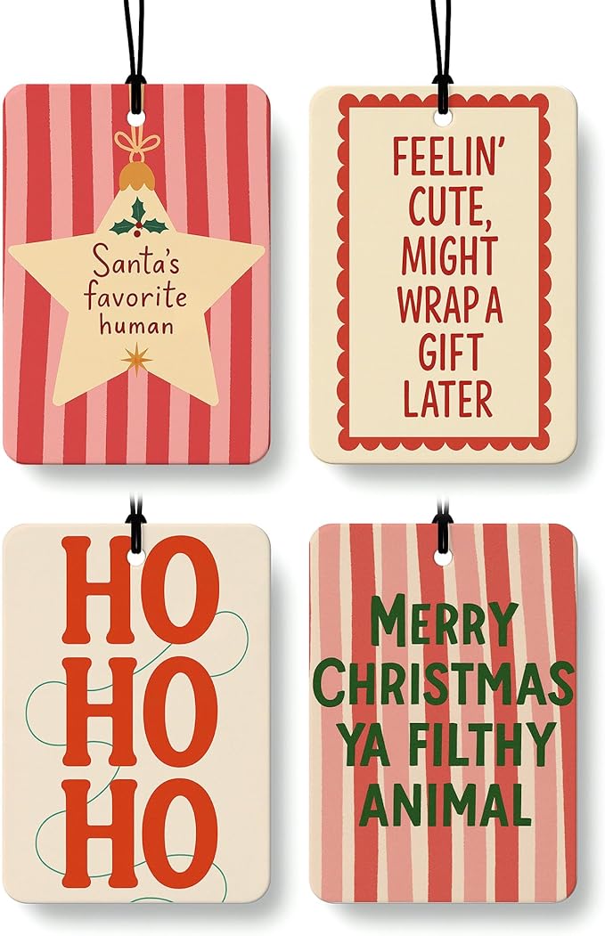 Pink and Red Christmas Car Air Freshener 4 Pcs, Hohoho Preppy Xmas Santa Humorous Hanging Air Freshener for Cars Closet Drawer Books, Girly Christmas Car Accessories Mirror Decor for Women