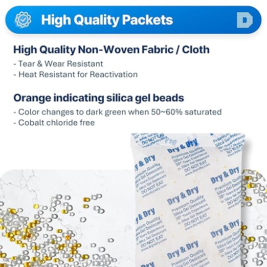 Dry & Dry Orange Indicating Silica Gel Packets Desiccants - Food Safe Silica Gel Packets, Desiccant Packs for Food Storage - White & Orange - 3 Packets (500 Gram)