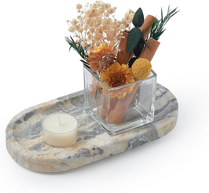 Natural Marble Vanity Tray, Marble Tray for Bathroom countertop,Stone Tray for Storing Perfume, Cosmetics and Jewelry 8 * 4.7inch （Ink Wash Yellow）