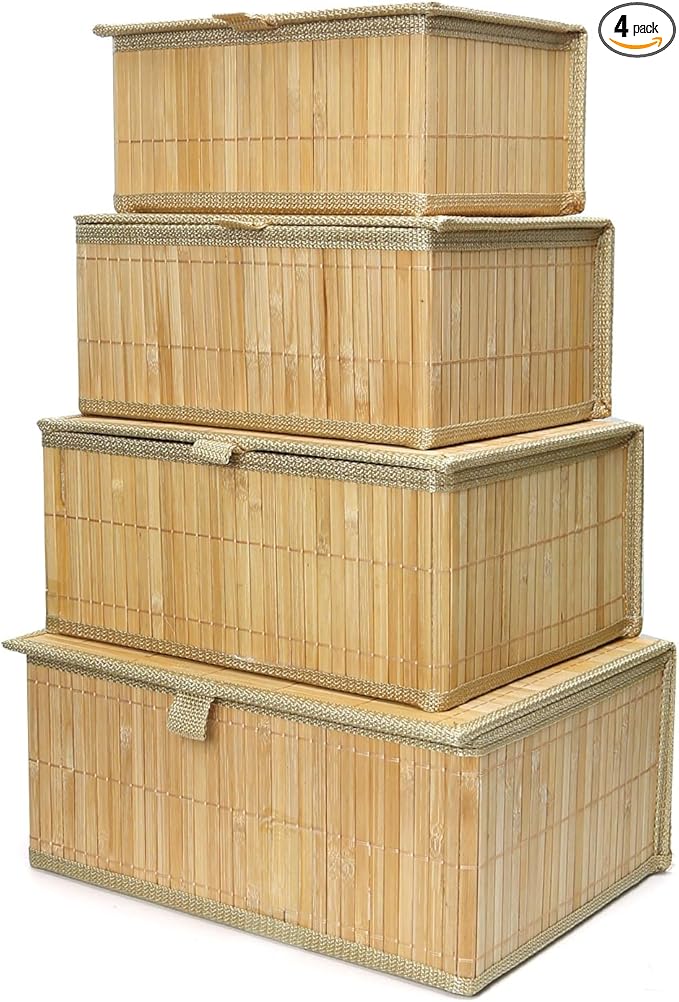 Wicker Basket With Lid Bamboo Storage Box for Shelf Bamboo Decor Storage Boxes With Lids-Rectangle Decorative Basket With Lid Organizer for Bedroom,Living Room (Set of 4,natural)