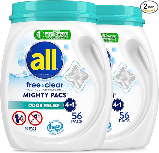 All Mighty Pacs Laundry Detergent, Free Clear Odor Relief, Tub, 56 Count (Pack of 2), 112 Total Loads
