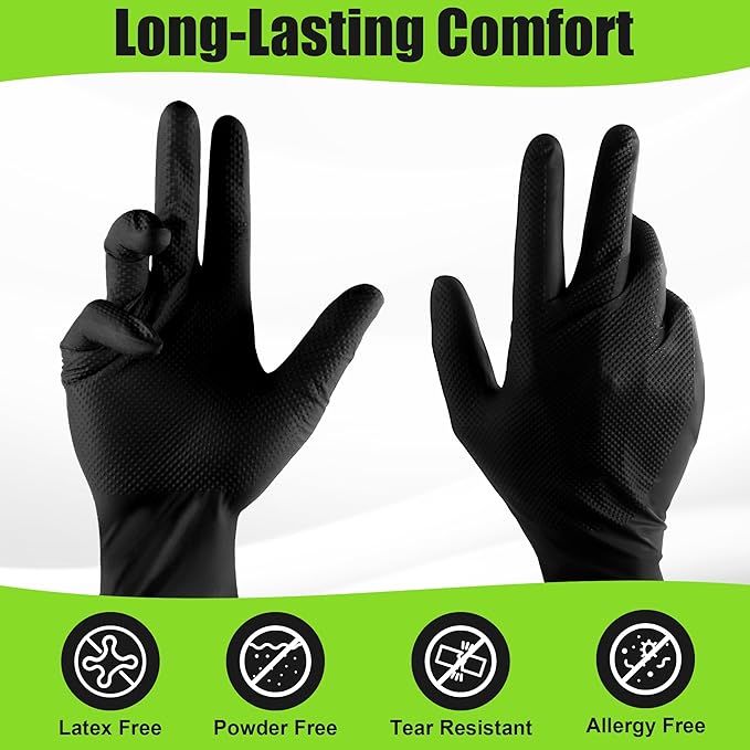 TREEGO 10 Mil Black Nitrile Gloves Heavy Duty — 3D Diamond Texture Grip, Latex Free Disposable Rubber Mechanic Gloves, X-Large, 100 Count