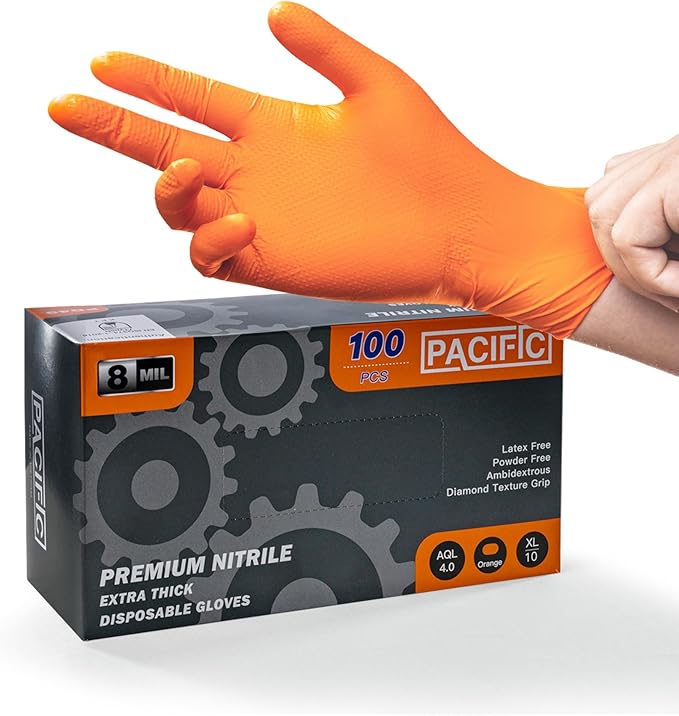 PACIFIC PPE 8 Mil Heavy-Duty Strength Nitrile Gloves, Chemical Resistant, Diamond Texture Industrial Disposable Gloves, Orange, 100PCs, X-Large
