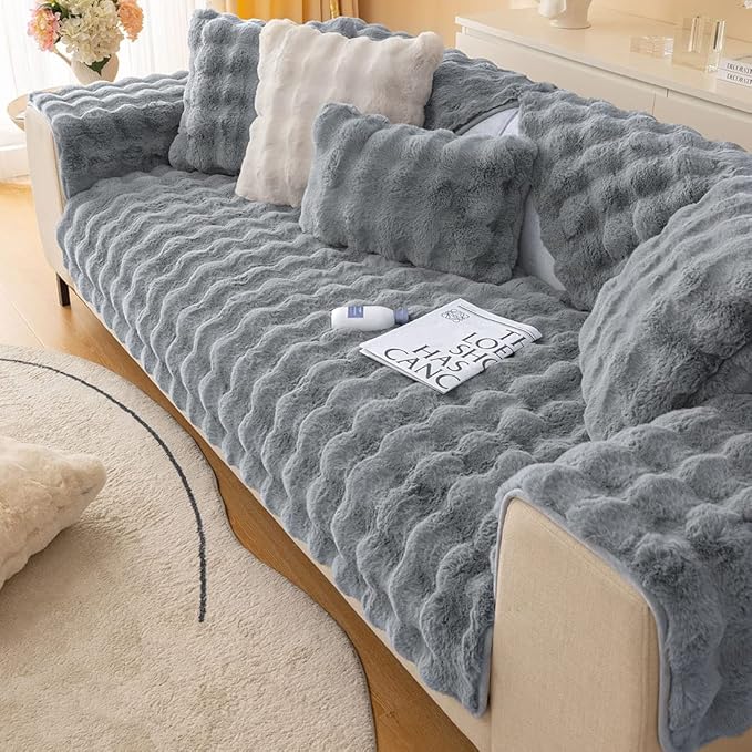 Soft Warm Faux Fur Couch Sofa Cover Thick Shaggy Fuzzy Sectional Couch Cover Non-Slip Solid Color Plush Sofa Slipcover Furniture Protector for Kids, Pets (Dark Grey,28"x82")