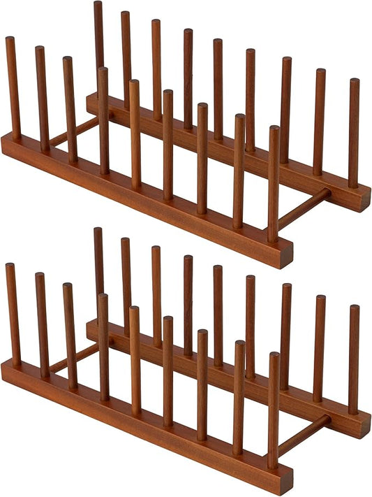 HBlife 2pcs Teak Dish Drying Rack Plates Holder Stand Kitchen Storage Cabinet Organizer for Dish/Plate/Bowl/Cup/Pot Lid/Cutting Board (8 Slots)