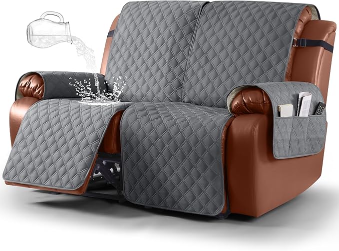 Ruaozz Waterproof Recliner Sofa Covers, 1-Piece Reclining Couch Covers Non-Slip Sofa Slipcover Washable Furniture Protector with Elastic Straps Pocket for Kids Pets (Dark Grey, XL 2 Seater)