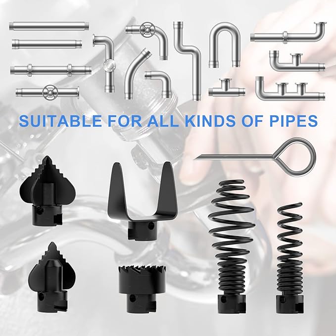 FEITON 7PCS Drain Cleaner Combination Cutter Head Set,16mm Manganese Steel Spring Automatic Locking Drain Dredging Cutter Head Accessories for Drain Cleaning Machines