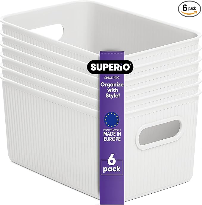 Superio Ribbed Collection - Decorative Plastic Basket Open Home Storage Bins Organizer, Medium White (6 Pack) Container Boxes for Organizing Closet Storage Bins for Shelves Drawer Shelf 5 Liter