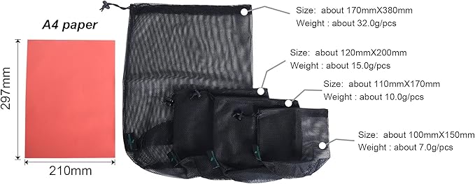 iBasingo 5pcs Black Mesh Nylon Sack With Drawstring - Durable Small Travel Sleeping Bag Stuff Sack for Cosmetics, Shower Gels, Bottles, Tennis Balls, Golf Balls, Tools - BVP03
