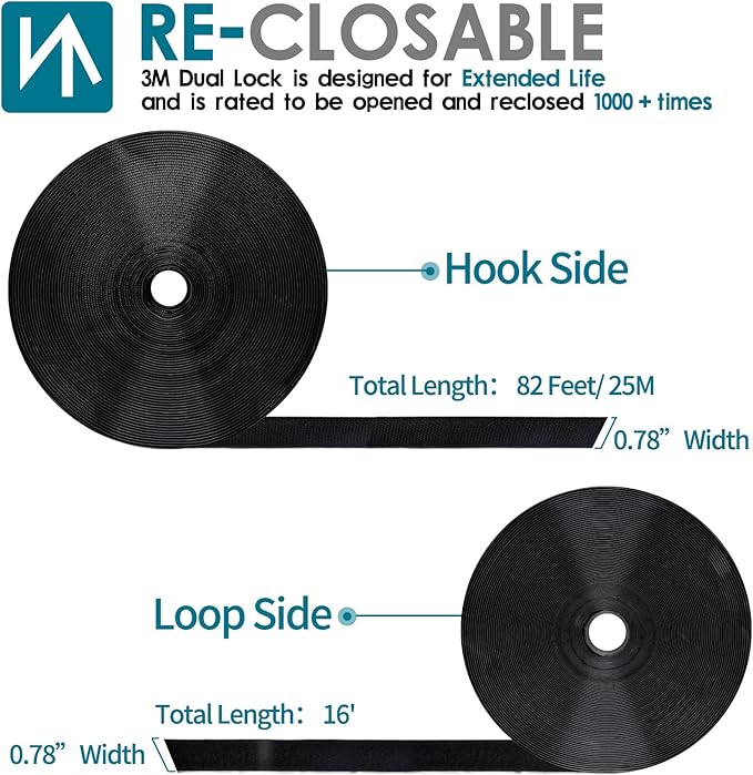 3/4 Inch x 82 Feet Black Heavy Duty Hook and Loop Tape, Double Sided, Picture Hanging, TV Accessories, Wall Adhesive