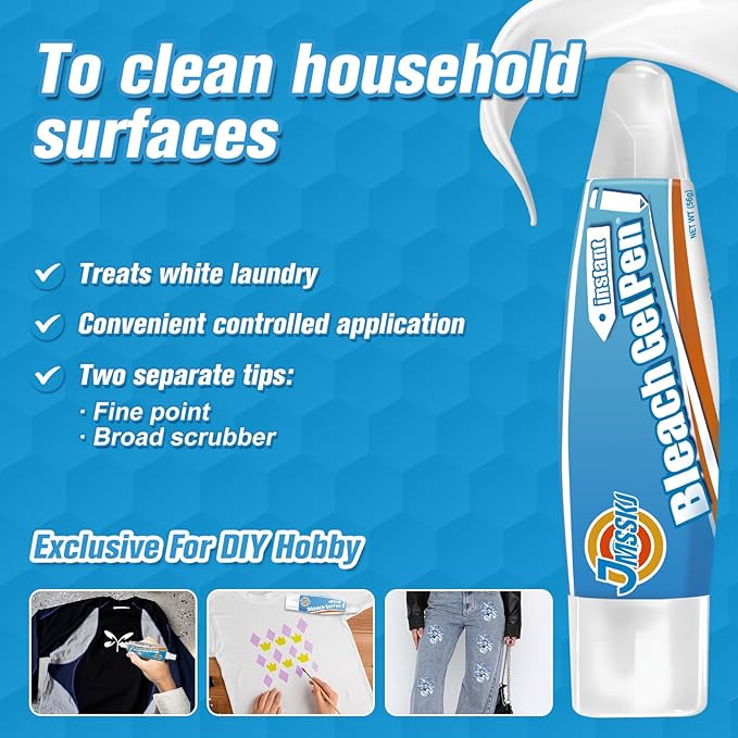 Dual-Tip Bleach Pen for White Clothes & Grout - 2-in-1 Portable Stain Remover & Bleach Gel Pen with Brush Head, Non-Drip Instant Cleaner for Travel, Bathroom Lines & DIY Design (1.76 Fl Oz, Lemon)