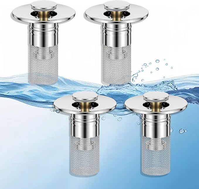 Pop Up Sink Drain Strainer, Bathroom Sink Drain Stopper with Removable Stainless Steel Drain Hair Catcher Basket, Universal Bathroom Sink Stopper Replacement, Drain Plug Filter (4PCS)