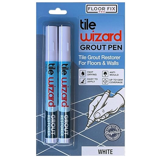 Tile Wizard Grout Pen from Floor-Fix Pro | Waterproof Grout Paint | Tile Grout Colorant and Sealer Pen | Narrow Tip 5mm | 2 Pack -7ml (White, 2 Pack)