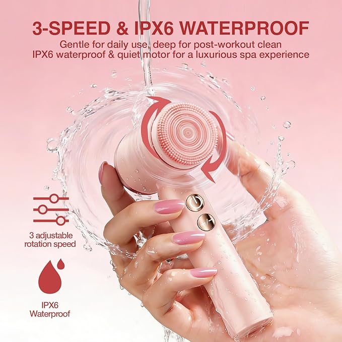 Electric Face Scrubber & Facial Cleansing Brush - 6-in-1 Exfoliating Face Scrubber Kit, 3 Speeds, IPX6 Waterproof Face Brush for Deep Cleaning, Massage & Gentle Exfoliation-Pink