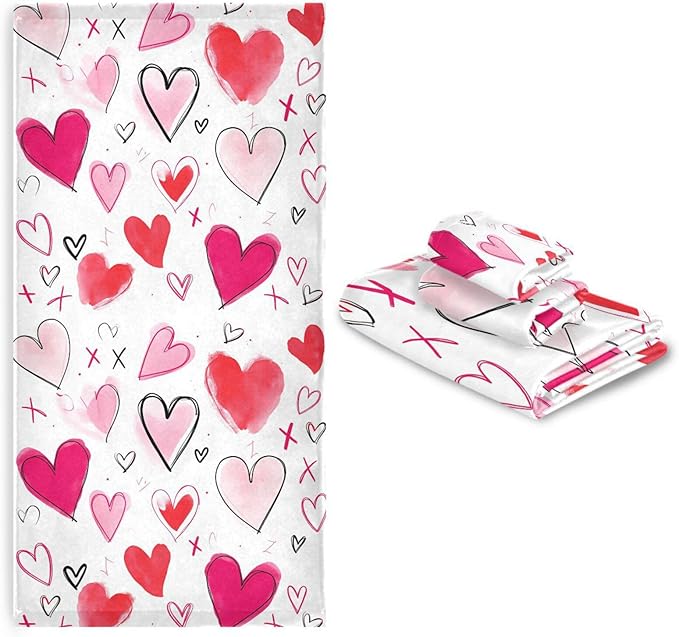 Pfrewn Doodle Romantic Pink Heart Towels Set of 3 Romantic Pink Red Love Spring Bathroom Towel Soft Absorbent Bath Hand Towels Washcloth Guest Towel Sets Mother's Valentine's Day Decorations