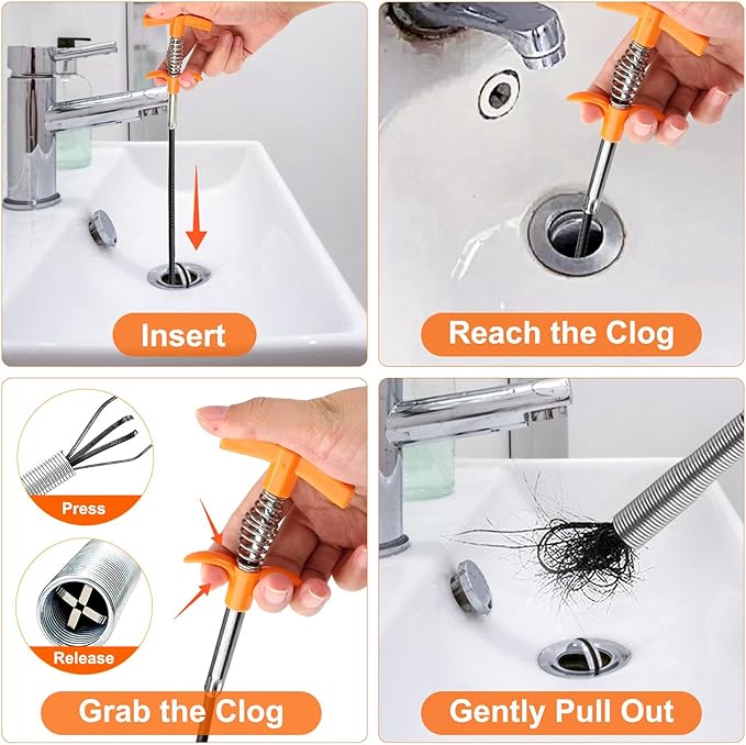 Drain Snake, Drain Clog Remover - Gutter Cleaning Tools Drain Cleaner for Toilet Sewer Shower Kitchen Bathroom Tub Clogged Drains Opener Cleaning Tool, Flexible Grabber Claw Pick Up Reacher (63 inch)