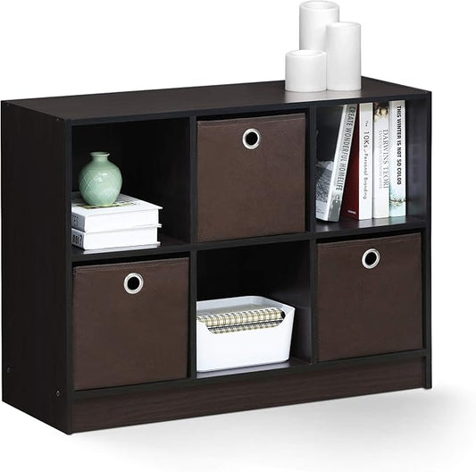 Furinno BASIC Book Shelf, 6-Cube Bookshelf with Open Shelf, 3 x 2 Bookcase with Storage Bins, Closed Back, Horizontal, 11.9" x 31.6" x 23.6", for Living Room, Bedroom, Home Office, Dark Walnut