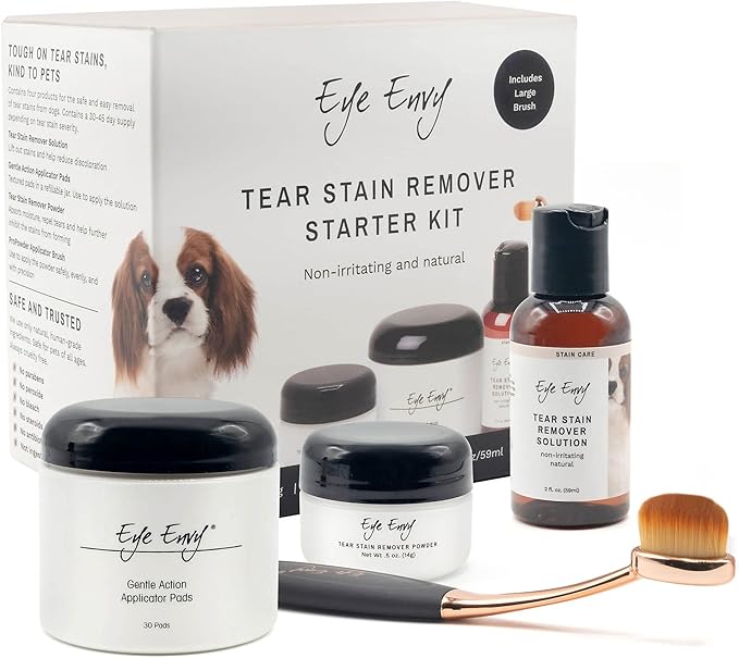 Eye Envy Dog Tear Stain Remover Starter Kit with ProPowder Brush | Stain Solution, Applicator Pads, Stain Powder and Large Applicator Brush | Lasts 30-45 Days