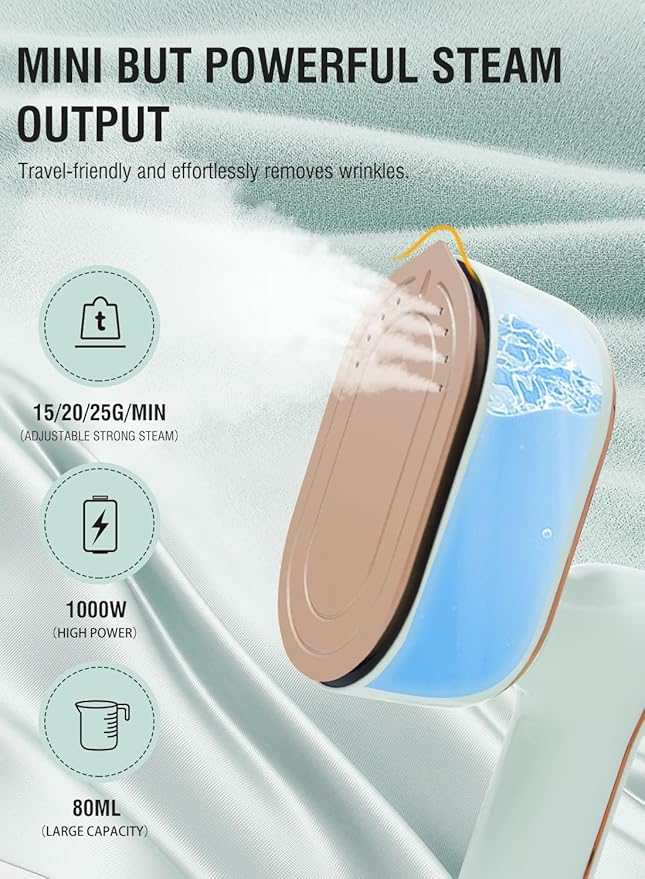 1000wTravel Steamer Mini Iron for Clothes: portable mini steam iron handheld clothing steamers travel size small hand held steam plancha a de vapor para ropa portatil travel essentials (Matcha Green)