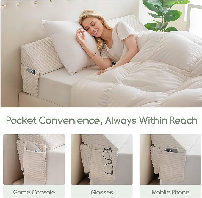 HIGOGOGO Queen Size Wedge Pillow for Headboard Gap - Multi Functional Mattress Wedge Bed Gap Filler Close The Gap (0-7") Between Your Mattress and Headboard or Wall (Beige 60"x11"x9")