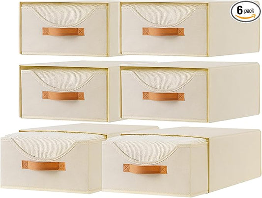 6 Pcs 16.5" Closet Drawers and Large Size Clothes Storage Bins Push-Out Storage Stackable Shelf Drawers with See-Through Window Closet Organizers for Bedroom, Living Room, Under Bed, Beige
