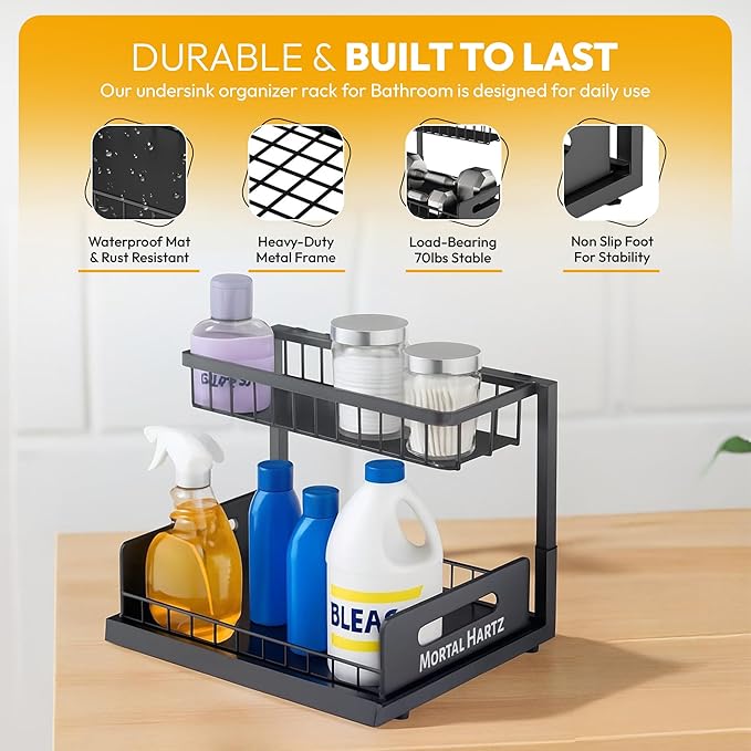 MORTALHARTS Under Sink Organizer – 1 Pack 2-Tier Sliding Storage Rack – Pull-Out Cabinet Organizer with Adjustable Metal Shelf, L-Shaped Design for Kitchen, Bathroom & Laundry Cabinets