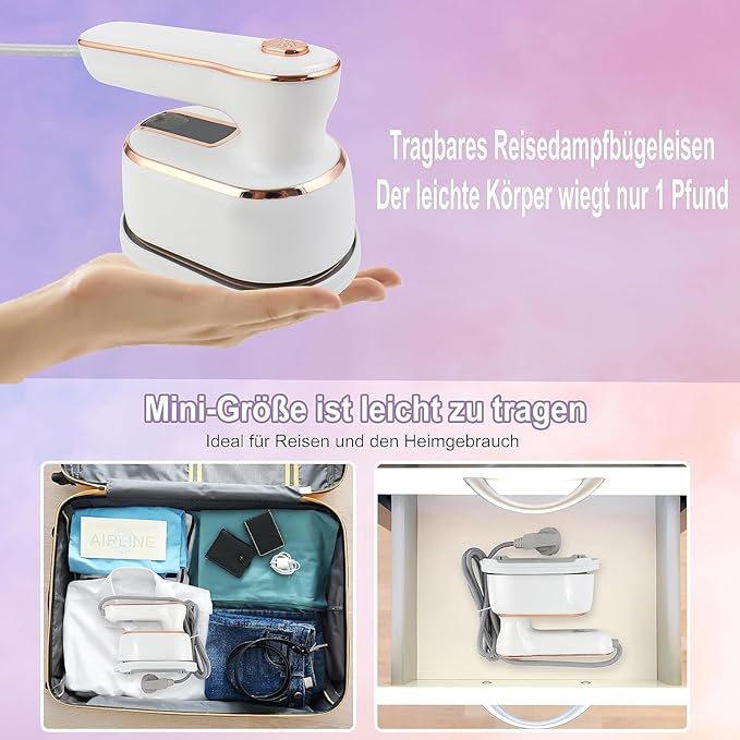1000W Travel Steam Iron - 15s Fast Heating, 180° Foldable Portable Steamer - Mini Size for Home & Travel
