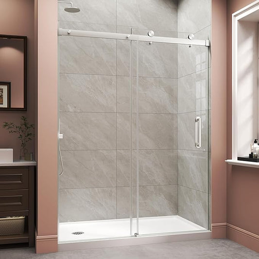Frameless Shower Door,Single Sliding Glass Shower Door with Nano Coating & Safety Film, Adjustable 55"-60" W x 72" H, Brushed Nickel,1/4" (6mm) SGCC Tempered Glass