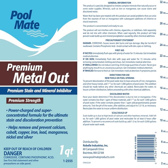 Pool Mate 1-Quart 4-Pack Premium Metal Out Stain and Mineral Inhibitor, Pool Metal Remover, Stain Remover, Made in USA