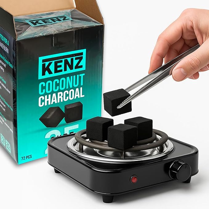KENZ Coconut Charcoal Cubes 25 mm — 100% Natural, Low Ash, 72 pcs