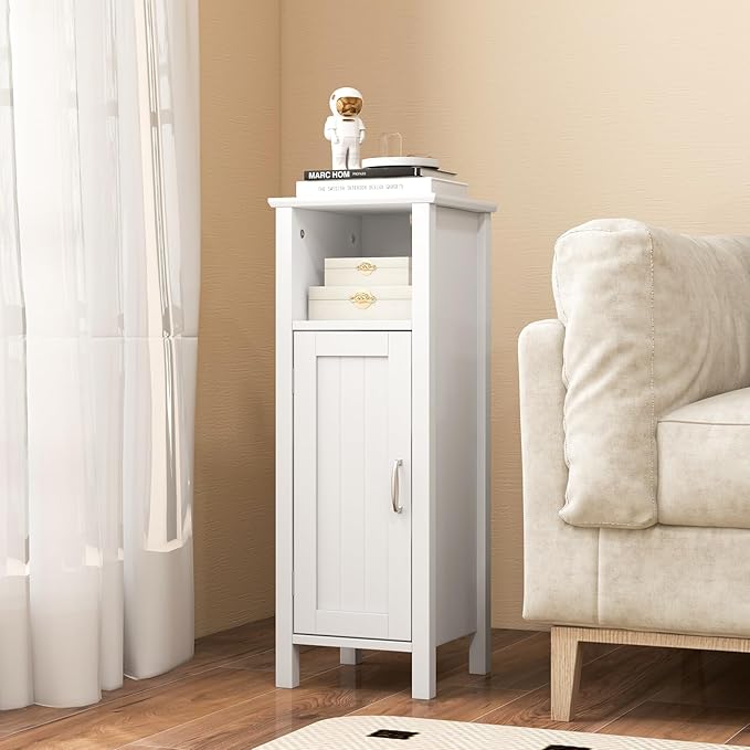 HAPPYGRILL Bathroom Floor Cabinet, Freestanding Narrow Storage Cabinet Console Table Nightstand with Adjustable Inner Shelves, Bathroom Side Storage Cabinet for Living Room Kitchen Entryway (White)