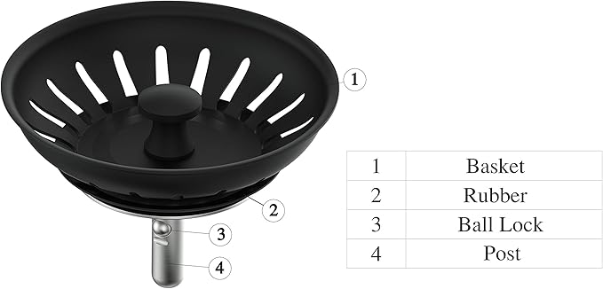 KANARY Stainless Steel Kitchen Sink Strainer Basket-Replacement for Standard Drains(3-1/8 inch)-Ball-lock Rubber Stopper (Single, Matte Black)