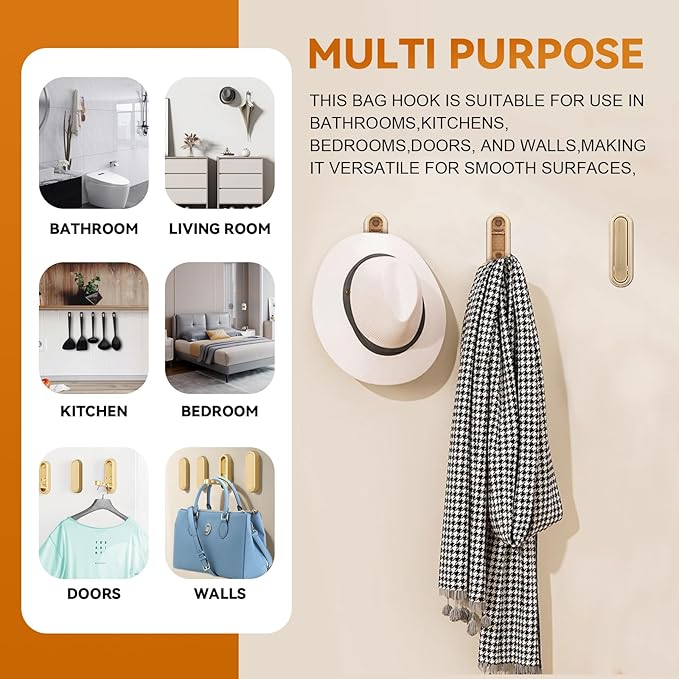 Foldable Hooks Wall Mount, Folding Coat Hooks Wall Mounted - Retractable Space Saving Organizer for Bathroom, Kitchen, Bedroom & Closet - Holds Scarf, Hat, Robe, Key, Purse, Bag (4, Gold)