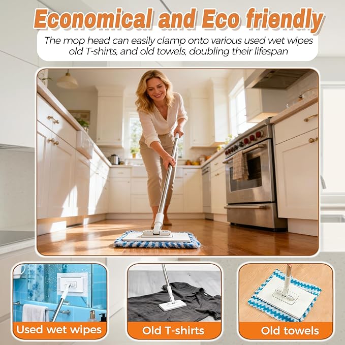 Mini Mop, Zero Touch No Wash Lazy Mop with One-Click Cloth Change, Compatible with Face Towels, Adjustable for Wet/Dry Floors, Tile, Hardwood, Corners (10 Reusable Cloths)