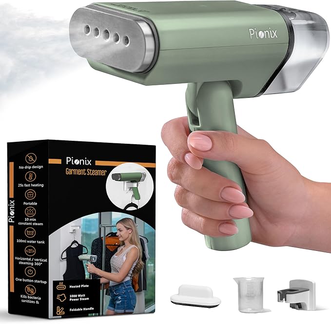 Pionix Handheld Garment Steamer - Foldable Handheld Steamer Clothes, 2-in-1 Horizontal & Vertical Fabric Steamer, Portable Hand Held Steamers for Clothes, 1000W Steam Press for Home & Travel -Green