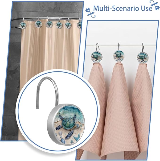Beach Sea Turtle Shower Curtain Hooks Rings, Stainless Steel Rust Proof Shower Curtain Hooks, Decorative Shower Hooks for Bathroom Shower Rods Curtains, Set of 12