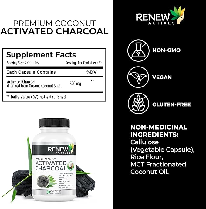 Renew Actives Activated Charcoal Supplement 1100MG per 2 Capsules - Digestive Support & Teeth Whitening Formula, No Artificial Ingredients - Made in Canada - 60 Capsules