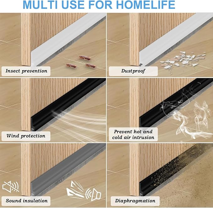 39-inch Door Draft Stopper with Brush - Adhesive Weather Stripping Seal for Exterior/Interior Doors | Under Door Sweep Blocks Drafts, Noise & Dust | Fits 1/4"-1" Gaps (Black)