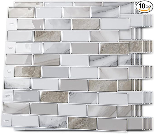 Art3d 10-Sheet Peel and Stick Backsplash Tile for Kitchen - 12”×12” Stick on Wall Tile for Kitchen Bathroom Countertop Living Room, Beige & White