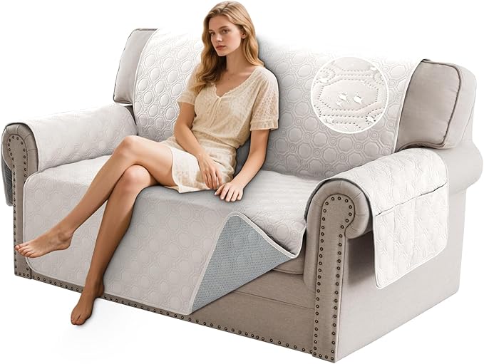 PrinceDeco Beige Loveseat Covers for 2 Cushion Couch Waterproof Sofa Covers, Machine Washable Love Seat Quilted Couch Covers, Pet Friendly Slipcovers (Loveseat 48", Beige Cream)