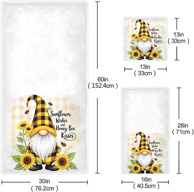 Pfrewn Gnome Sunflower Flowers Towels Set of 3 Bee Plaid Spring Bathroom Towel Soft Absorbent Bath Hand Towels Washcloth Guest Towel Sets Bathroom Decorations