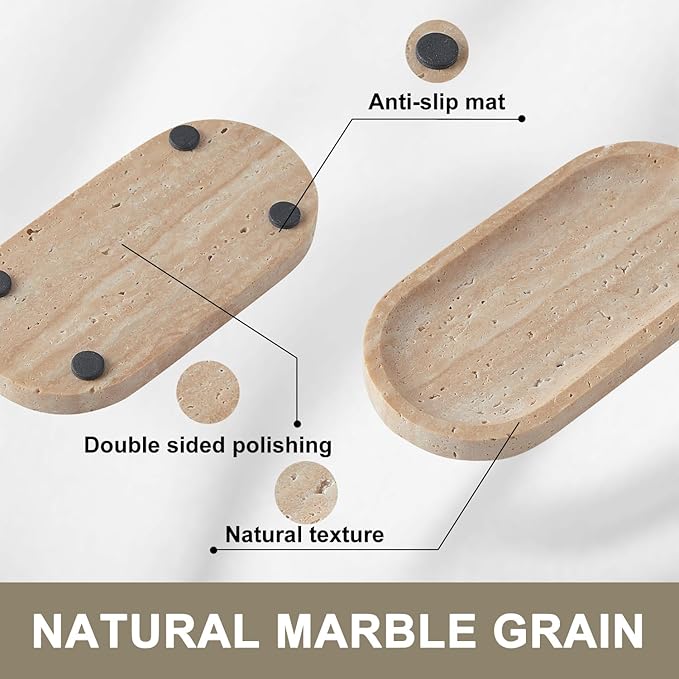 Travertine Tray, Marble Tray for Bathroom countertop,Non-Ceramic/Non-Resin，Stone for Storing Perfume, Cosmetics and Jewelry 8 * 4.7inch （Travertine）