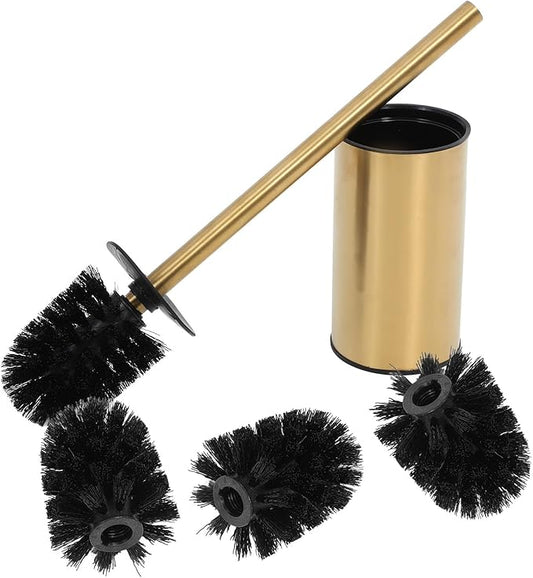 Gold Toilet Brush and 304 Stainless Steel Holder Set with 3 Replacement Brush Heads Standing Bathroom Cleaning for Home