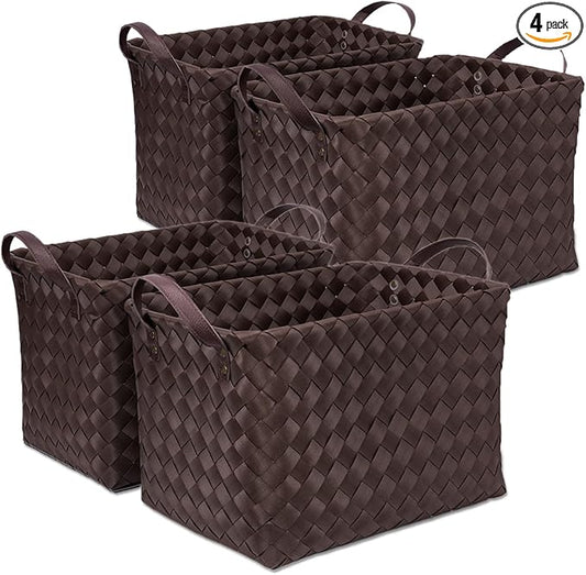 Handwoven Clothes Basket Laundry Hampers Large Wicker Storage Baskets for Shelves Blankets Closet Storage Bins Car Bedroom Bathroom Organizers and Storage Bath (Pack of 4, Espresso color)