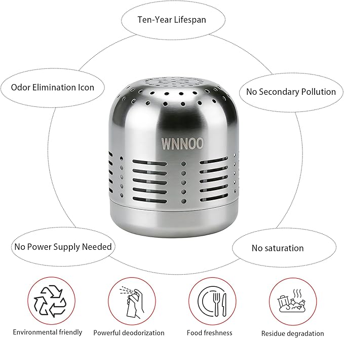 WNNOO Refrigerator Deodorizer，Lasts for 10 Years，Stainless steel Fridge Deodorizer More Effective Than Baking Soda Bamboo Air Purifying Bagsz ，Refrigerator Odor Eliminator Silver color。