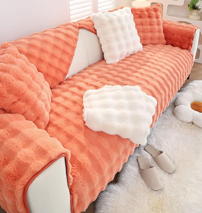 Soft Warm Faux Fur Couch Sofa Cover Thick Shaggy Fuzzy Sectional Couch Cover Non-Slip Solid Color Plush Sofa Slipcover Furniture Protector for Kids, Pets (Light Orange,43"x43")